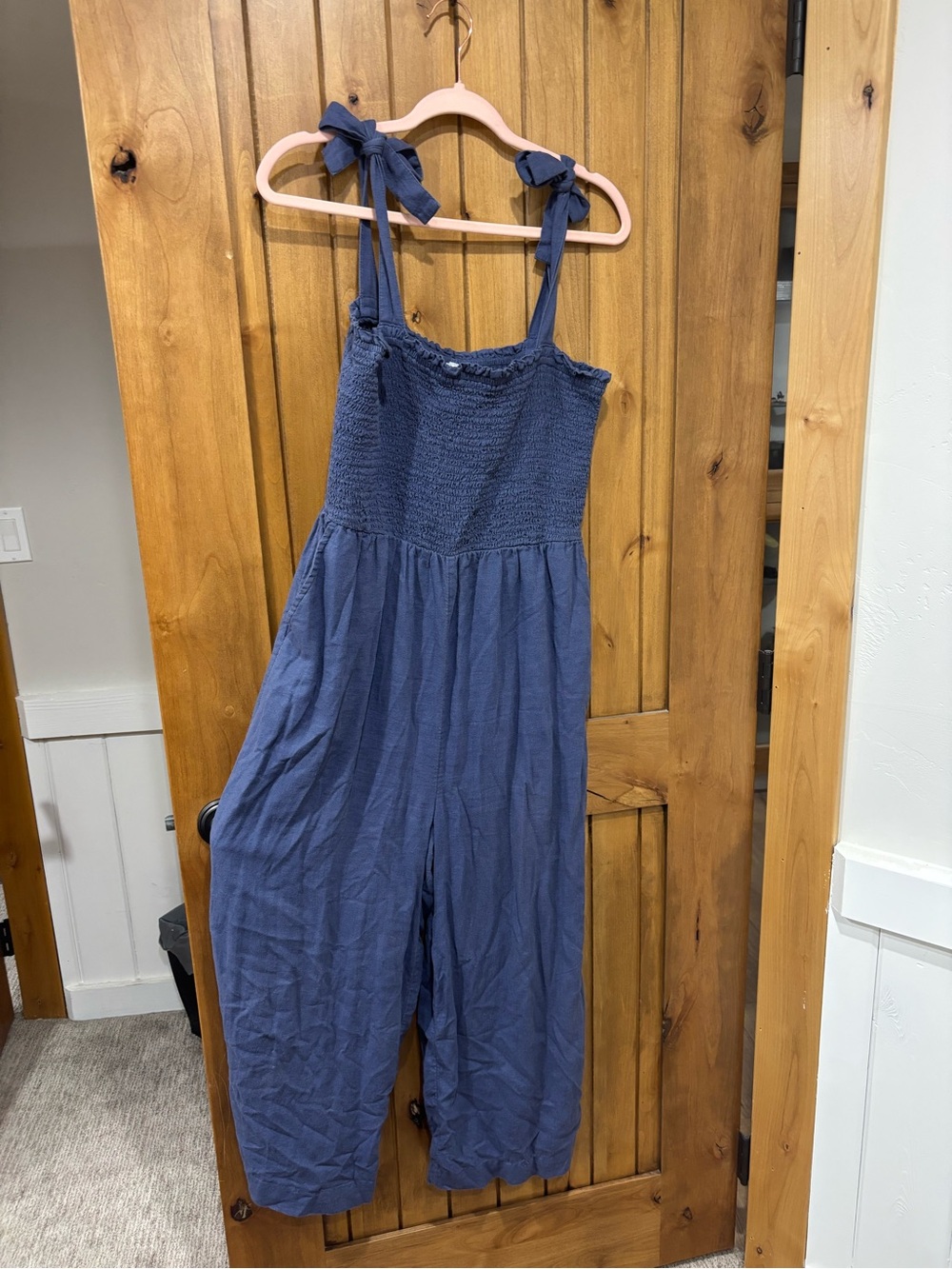 Smocked Tie-Shoulder Wide-Leg Jumpsuit — Navy Blue